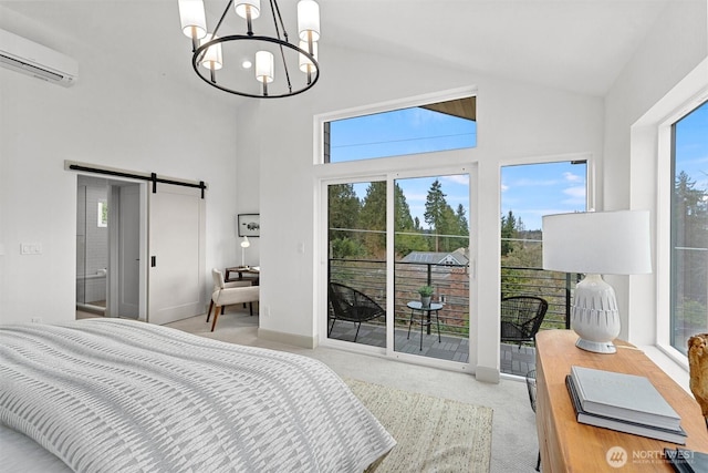 1261 NE 100th St, Seattle, WA 98125 - bedroom featuring access to outside, high vaulted ceiling, a wall mounted AC, a barn door, and a chandelier