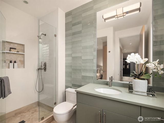 9630 SE 5th St, Bellevue, WA 98004 - full bath with a stall shower, vanity, and tile walls