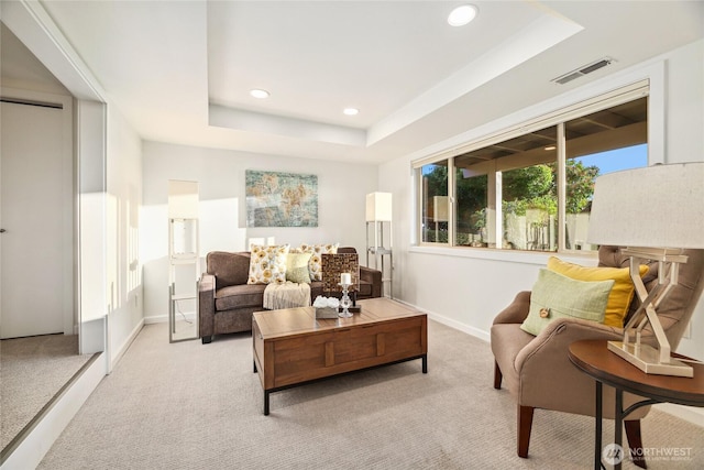 18354 Ridgefield Rd NW, Shoreline, WA 98177 - carpeted living area with a raised ceiling and recessed lighting