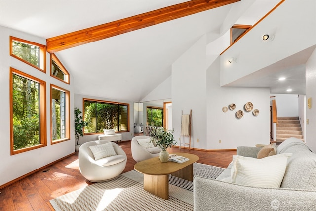33202 2nd Pl SW, Federal Way, WA 98023 - living area featuring high vaulted ceiling, stairway, wood finished floors, beam ceiling, and recessed lighting