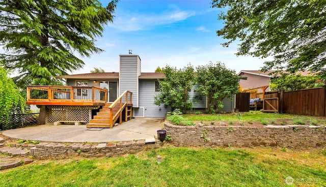 3919 Timothy Ct, Bellingham, WA 98226 - rear view of house featuring a patio, a deck, a chimney, and stairs