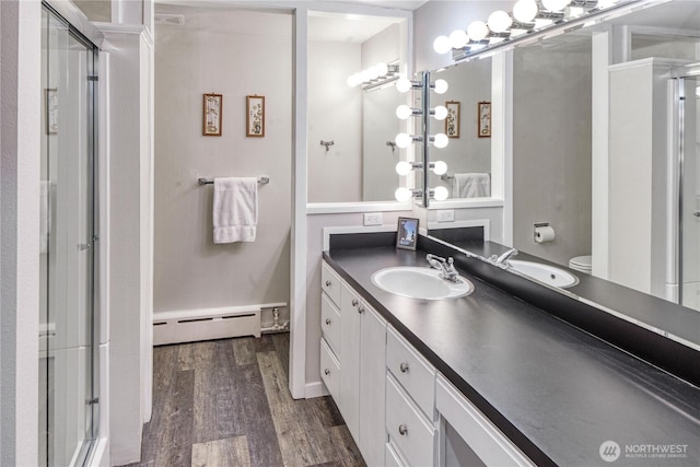 15638 94th Ave SW, Vashon, WA 98070 - bathroom with baseboard heating, wood finished floors, a shower stall, and vanity