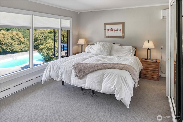 15638 94th Ave SW, Vashon, WA 98070 - bedroom with crown molding, carpet floors, a baseboard radiator, and a wall unit AC