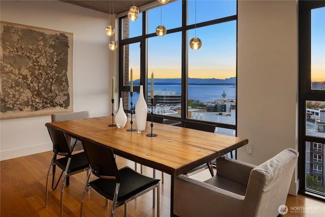 2911 2nd Ave Unit 1120, Seattle, WA 98121 - dining area with wood finished floors, a water view, and expansive windows