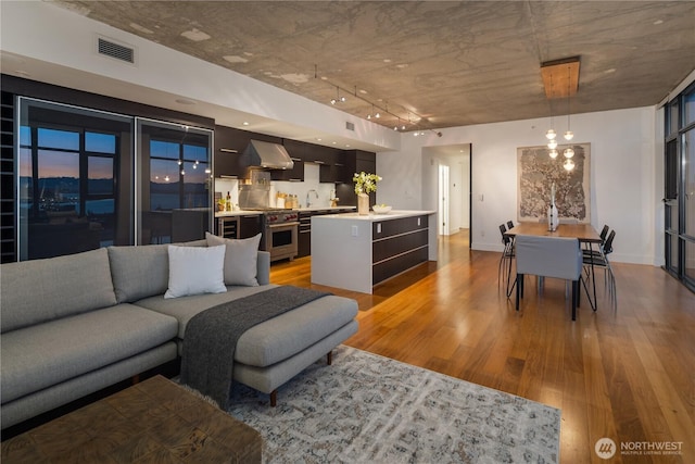 2911 2nd Ave Unit 1120, Seattle, WA 98121 - living room featuring light wood finished floors and rail lighting