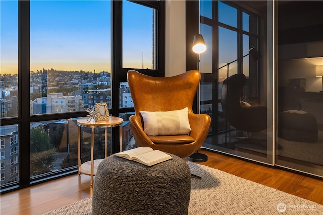 2911 2nd Ave Unit 1120, Seattle, WA 98121 - living area with wood finished floors and a view of city