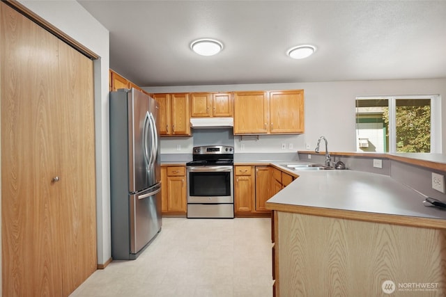 1726 Ann St NE, Olympia, WA 98506 - kitchen with stainless steel appliances, under cabinet range hood, light flooring, light countertops, and a peninsula