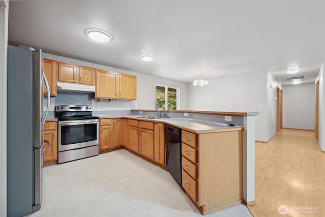 1726 Ann St NE, Olympia, WA 98506 - kitchen with appliances with stainless steel finishes, under cabinet range hood, a peninsula, light countertops, and light flooring