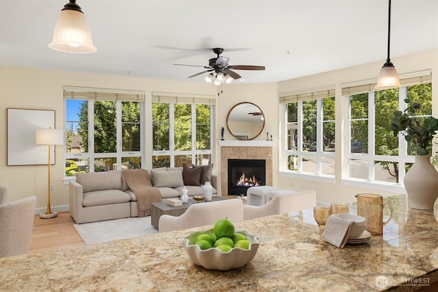 1840 25th Ave NE Unit 210, Issaquah, WA 98029 - living area with plenty of natural light, ceiling fan, and a glass covered fireplace