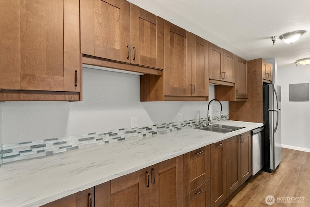 1100AVE NE Harrington Ave NE Unit 211, Renton, WA 98056 - kitchen with stainless steel appliances, light wood finished floors, tasteful backsplash, electric panel, and light stone countertops