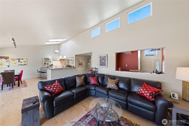 145 Lummi Dr, La Conner, WA 98257 - living room featuring wood finished floors, a high ceiling, and track lighting