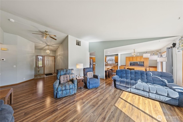 3519 G Ave, Anacortes, WA 98221 - living room featuring lofted ceiling, wood finished floors, and a ceiling fan