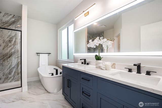 1515 243rd Pl SW Unit A, Bothell, WA 98012 - full bath featuring marble finish flooring, a marble finish shower, double vanity, and a soaking tub