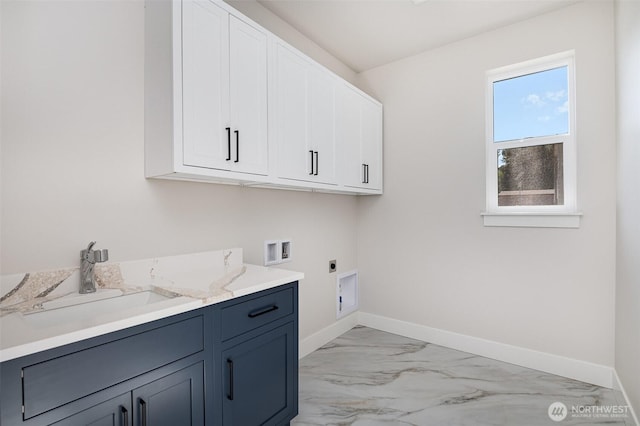 1515 243rd Pl SW Unit A, Bothell, WA 98012 - washroom with electric dryer hookup, washer hookup, cabinet space, and light marble finish floors