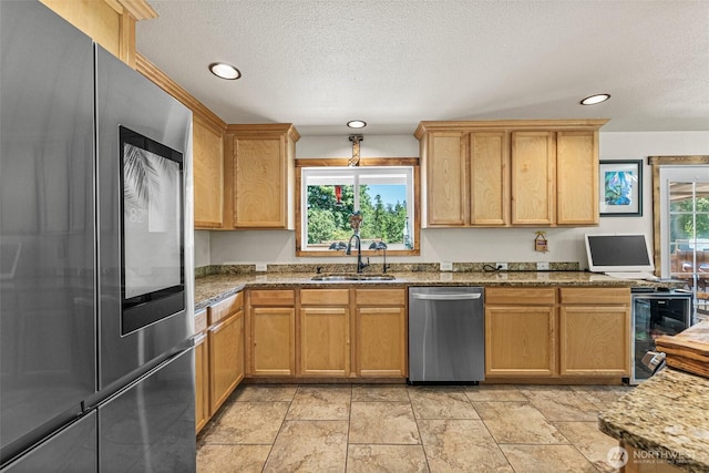 20311 Orting Kapowsin Hwy E, Graham, WA 98338 - kitchen with stainless steel appliances, beverage cooler, recessed lighting, a textured ceiling, and dark stone counters