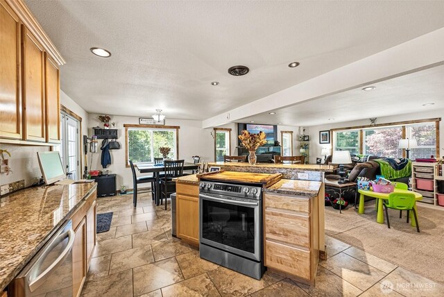 20311 Orting Kapowsin Hwy E, Graham, WA 98338 - kitchen with appliances with stainless steel finishes, open floor plan, recessed lighting, stone tile floors, and an island with sink