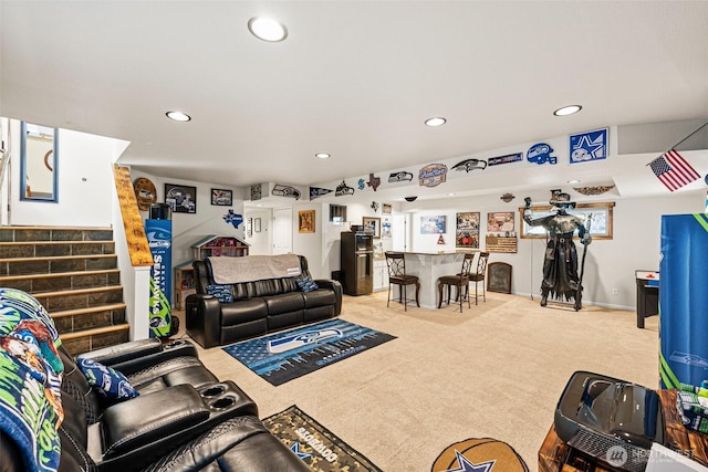 20311 Orting Kapowsin Hwy E, Graham, WA 98338 - living room with recessed lighting, light colored carpet, stairs, and bar area