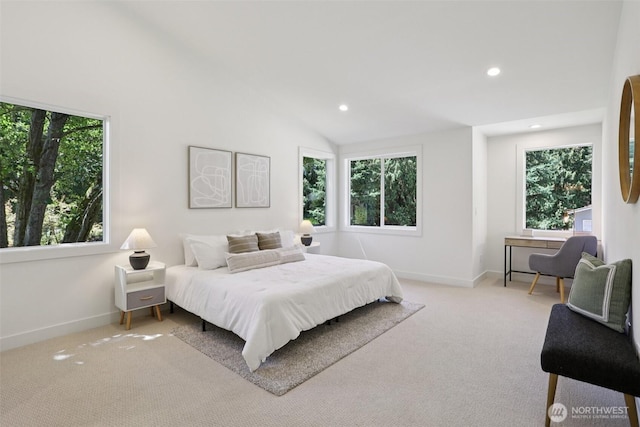 11737 38th Ave NE Unit A, Seattle, WA 98125 - bedroom featuring recessed lighting, light carpet, and vaulted ceiling