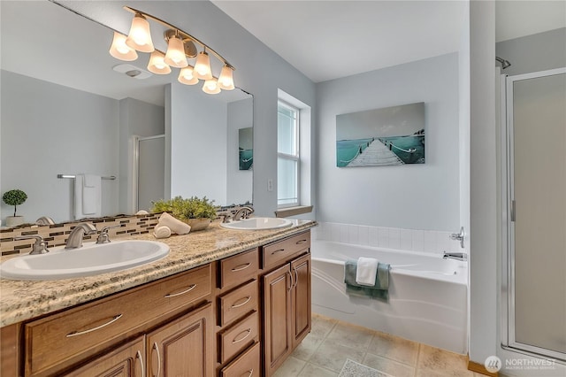 1302 110th St E Unit 37, Tacoma, WA 98445 - full bathroom featuring a shower stall, double vanity, a bath, and tasteful backsplash