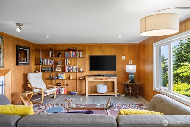 118 Highland Dr, Bellingham, WA 98225 - living room with plenty of natural light, wooden walls, wood finished floors, and recessed lighting