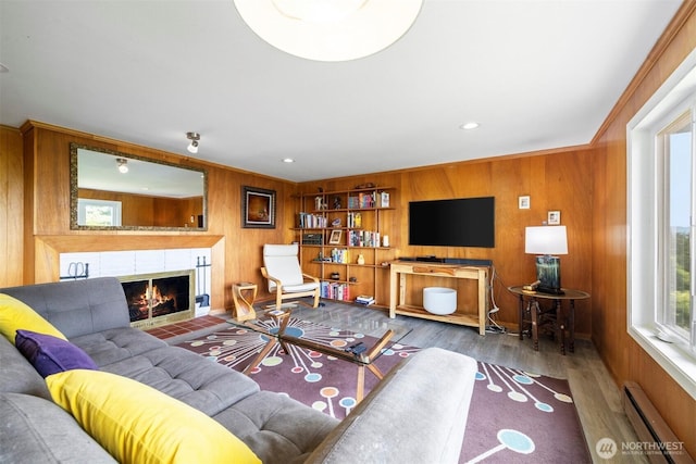 118 Highland Dr, Bellingham, WA 98225 - living area featuring a baseboard radiator, wood walls, wood finished floors, a fireplace, and recessed lighting