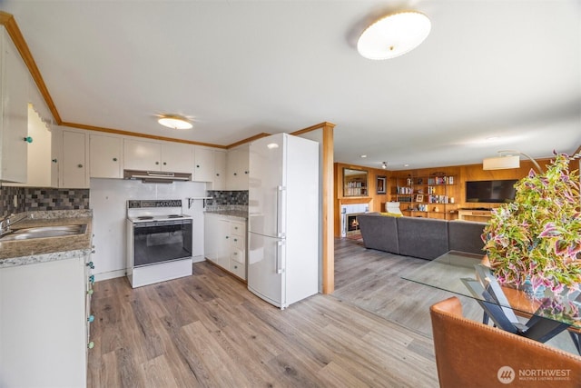 118 Highland Dr, Bellingham, WA 98225 - kitchen featuring white appliances, ventilation hood, light countertops, light wood-style floors, and decorative backsplash