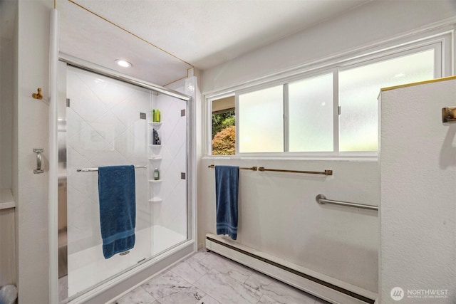 118 Highland Dr, Bellingham, WA 98225 - bathroom featuring marble look tiles, a baseboard heating unit, a shower stall, and recessed lighting