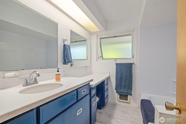 118 Highland Dr, Bellingham, WA 98225 - bathroom featuring vanity, marble look tile flooring, and a bathtub