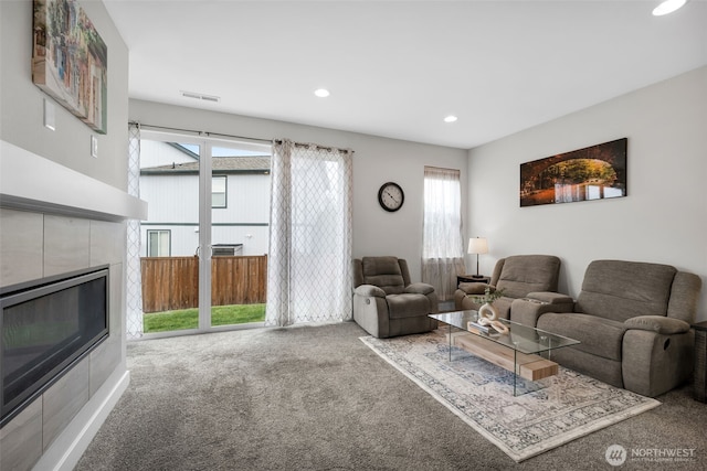 397 N Foster St, Buckley, WA 98321 - living room featuring carpet floors, a fireplace, and recessed lighting