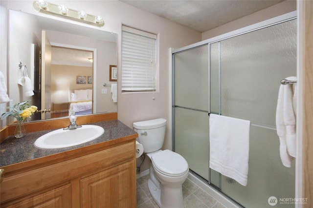 2537 Kristine Ct, Centralia, WA 98531 - full bathroom featuring vanity, ensuite bath, a stall shower, and tile patterned flooring