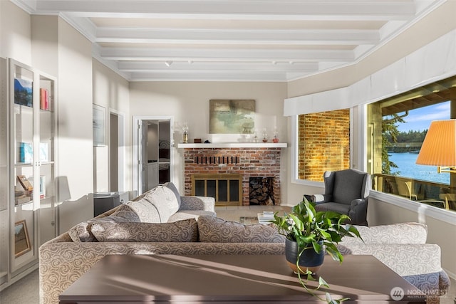 5222 Mahncke Rd SW, Longbranch, WA 98351 - living room featuring beam ceiling, a fireplace, and crown molding