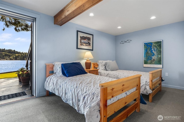 5222 Mahncke Rd SW, Longbranch, WA 98351 - carpeted bedroom with access to exterior, recessed lighting, and beamed ceiling