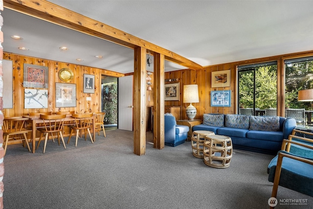 5222 Mahncke Rd SW, Longbranch, WA 98351 - living room featuring carpet flooring, wooden walls, and recessed lighting