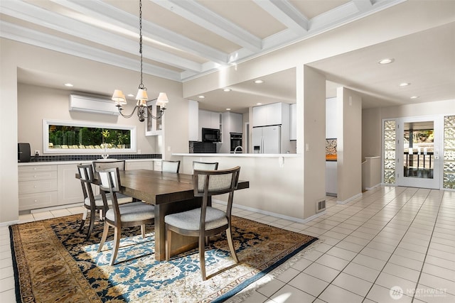 5222 Mahncke Rd SW, Longbranch, WA 98351 - dining area featuring light tile patterned flooring, a chandelier, beamed ceiling, crown molding, and recessed lighting