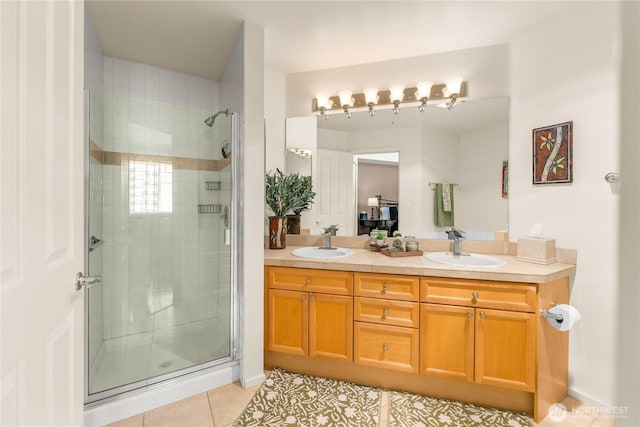 2244 SE 132nd Ave Unit B217, Bellevue, WA 98005 - full bathroom with a stall shower, double vanity, and tile patterned flooring