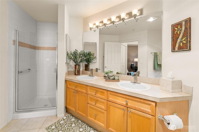 2244 SE 132nd Ave Unit B217, Bellevue, WA 98005 - full bathroom with double vanity, tile patterned flooring, and a stall shower