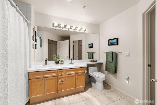 2244 SE 132nd Ave Unit B217, Bellevue, WA 98005 - bathroom with tile patterned floors, double vanity, and a shower with shower curtain