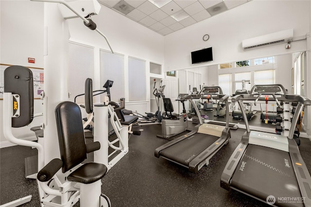 2244 SE 132nd Ave Unit B217, Bellevue, WA 98005 - workout area with a wall mounted air conditioner, a high ceiling, and a paneled ceiling