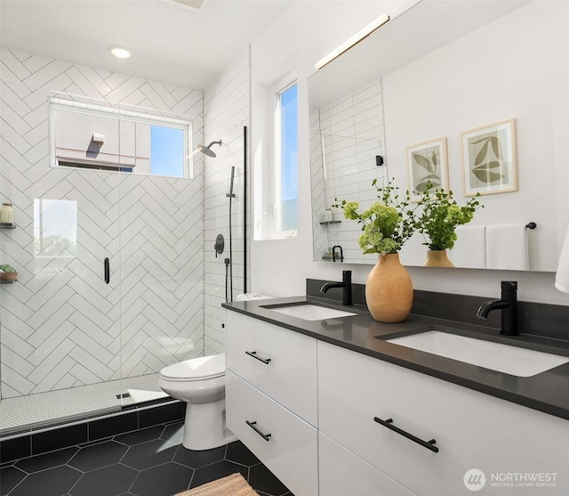 2610 E Yesler Way Unit A, Seattle, WA 98122 - full bath featuring double vanity, tile patterned floors, a shower stall, and recessed lighting