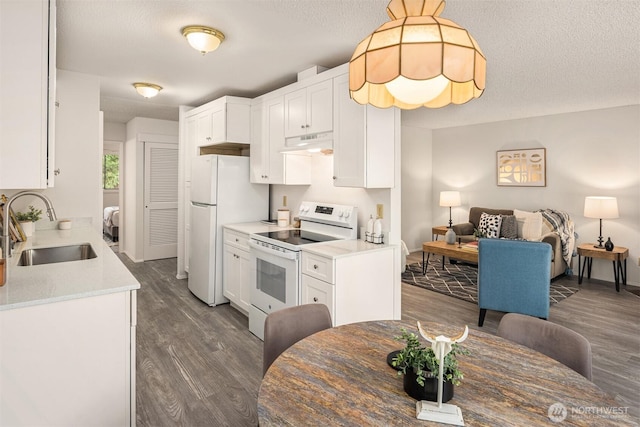 14132 74th Pl NE Unit 16D, Kirkland, WA 98034 - kitchen with white appliances, under cabinet range hood, dark wood finished floors, and white cabinets