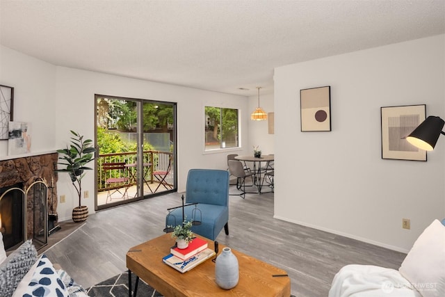 14132 74th Pl NE Unit 16D, Kirkland, WA 98034 - living room featuring wood finished floors, a fireplace, and a textured ceiling