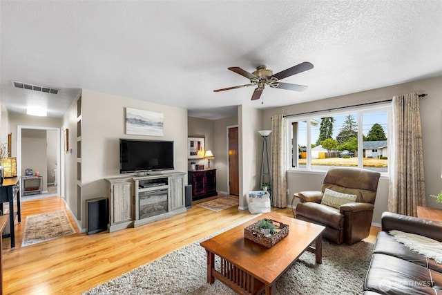 1702 7th Ave SW, Puyallup, WA 98371 - living room featuring light wood-style floors, ceiling fan, and a textured ceiling