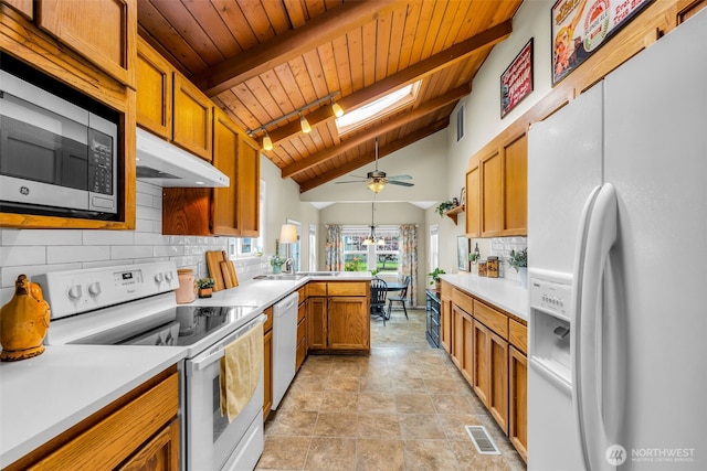 1702 7th Ave SW, Puyallup, WA 98371 - kitchen featuring white appliances, wood ceiling, under cabinet range hood, a peninsula, and backsplash
