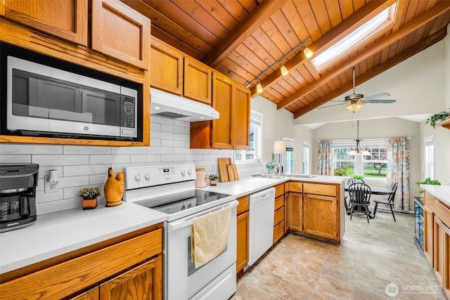 1702 7th Ave SW, Puyallup, WA 98371 - kitchen featuring white appliances, under cabinet range hood, wood ceiling, a peninsula, and light countertops