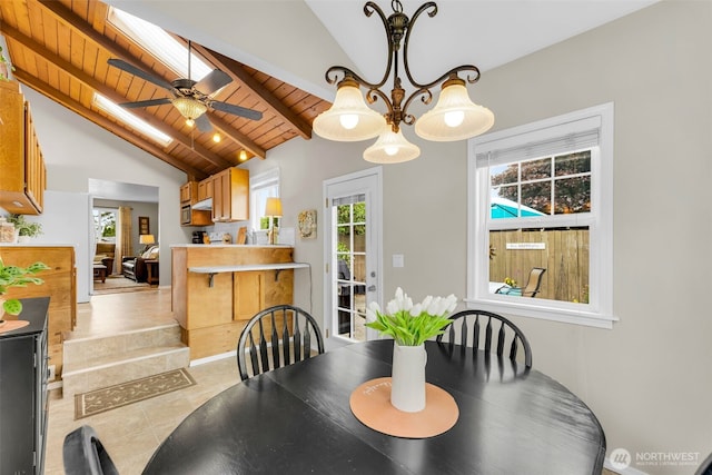 1702 7th Ave SW, Puyallup, WA 98371 - dining space with wooden ceiling, plenty of natural light, light tile patterned floors, and a ceiling fan