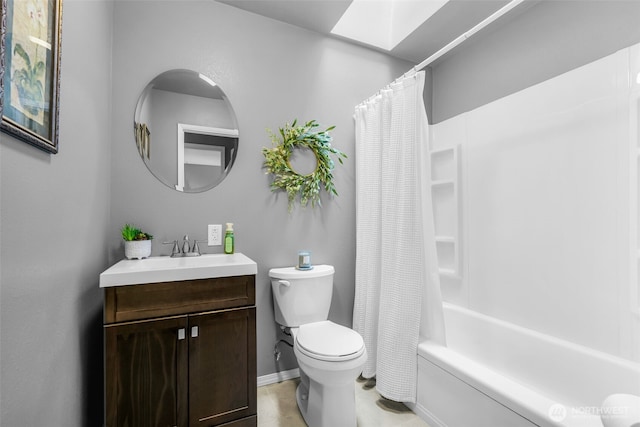 1702 7th Ave SW, Puyallup, WA 98371 - full bathroom with vanity, shower / bathtub combination with curtain, a skylight, and tile patterned flooring