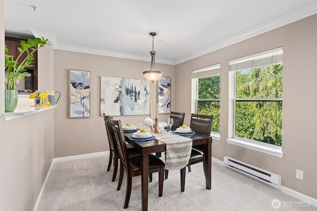 33020 10th Ave SW Unit M302, Federal Way, WA 98023 - dining space featuring a baseboard heating unit, light carpet, and ornamental molding