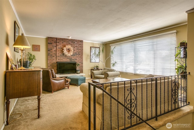 2120 Niagara Dr, Bellingham, WA 98229 - carpeted living area featuring crown molding and a fireplace