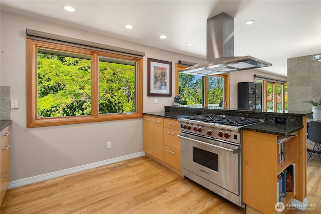 1823 121st Ave SE, Bellevue, WA 98005 - kitchen featuring island exhaust hood, designer stove, a peninsula, light wood-type flooring, and recessed lighting