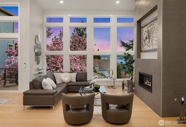 240 W Lake Sammamish Pkwy SE, Bellevue, WA 98008 - living room with wood finished floors, a fireplace, and recessed lighting